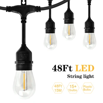 IP65 15M 48FT 15Bulbs LED S14 String Lemputės E27 LED Edisonas, Kaitinamosios Lemputės, Lauko Sodo Kiemo Šventė Vestuvių Šviesos Eilutę Dekoras