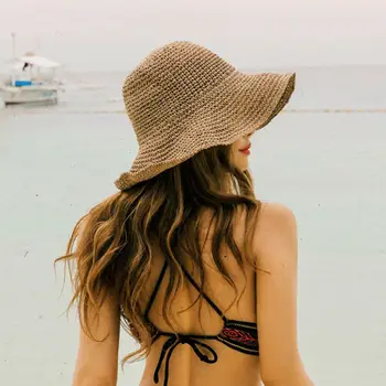 Karšta Moteris Hoilday Floppy Šiaudų Skrybėlę Ponios Platus Kraštų Paplūdimys, Sulankstomas Lankas Gėlių Šiaudų Skrybėlę Nuo Saulės
