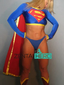 Karšto Seksualus Moterų Super Herojus Spandex Dviejų dalių Bodysuits Mėlyna Supergirl Lady Zentai Catsuit Filmas su Sexy Mergina Leotard Su Žaliuoju