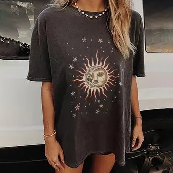 Kawaii Drabužius Marškinėlius Moterims 2021 Moterų Derliaus Saulės Ir Mėnulio spausdintą Modelio Atsitiktinis trumpomis Rankovėmis Viršūnes Tee Marškinėliai Femme Camisetas