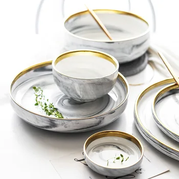 Keramikos Šiaurės marmuro, aukso plokštelės ir dubuo nustatyti angliavandenilių ryžių dubenėlį sriubos dubenėlį paprastas patiekalas viešbučio virtuvės indai