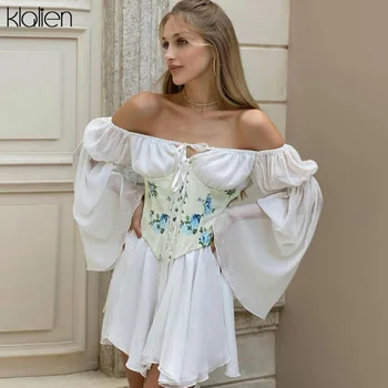 KLALIEN Moterys Vasarą Seksualus, Elegantiškas prancūzų romantikų vientisos Baltos, Rožinės Aukšto Juosmens Blyksnius Rankovės Velniop kaklo-Line Mini Suknelės Naujas