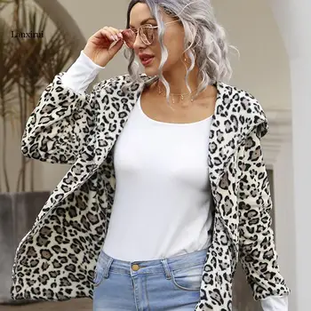 Klasikinis Seksuali Moteris Leopard Striukė Viršuje Derliaus Gaubtu Šiltas Atsitiktinis Žiemos Megztinis Ilgomis Rankovėmis Rudenį Minkštas Kailis Drabužius Outwear