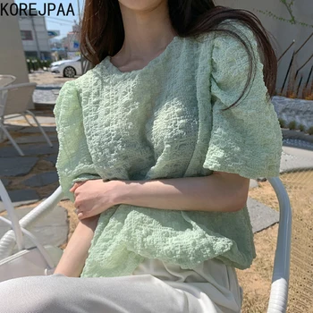 Korejpaa Moterų Marškinėliai 2021 M. Vasarą Korėjos Prašmatnus Švelnus Temperamentas Konkurso Žalia Apvalios Kaklo Plisuotos Dizaino Prarasti Sluoksniuotos Rankovėmis Palaidinės
