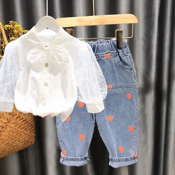Kūdikių mergaitės, apranga Naujų Mergaičių drabužių rinkinys 2 vnt Baby Kombinezonas ilgomis rankovėmis Nėriniai marškiniai+džinsai Vaikams Drabužių Mergina Kostiumas