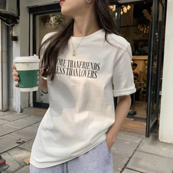 Laisvi O-kaklo Laiškas Spausdinti marškinėliai Moterims Korėja Negabaritinių trumpomis Rankovėmis T-shirt Moteris Atsitiktinis Paprastumo Baltos Viršūnės Moters 2021