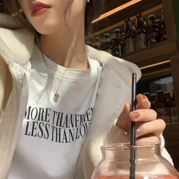 Laisvi O-kaklo Laiškas Spausdinti marškinėliai Moterims Korėja Negabaritinių trumpomis Rankovėmis T-shirt Moteris Atsitiktinis Paprastumo Baltos Viršūnės Moters 2021