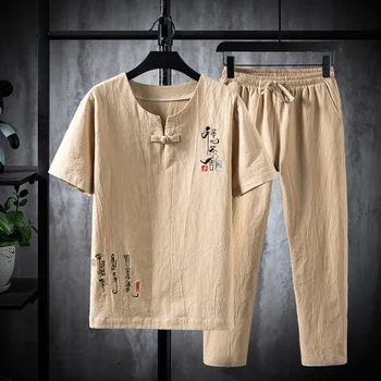 (Marškinėliai + kelnės) 2020 metų vasaros vyrų marškinėliai Medvilnės ir lino marškiniai vyriški Aukštos kokybės atsitiktinis marškinėliai iš Dviejų dalių, dydis M-5XL
