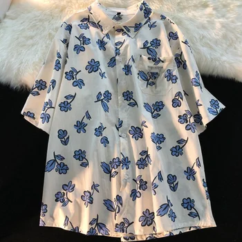Marškinėliai Moterims Gėlių Spausdinti Prarasti Kišenės Grandinės Porų Harajuku Mados Atsitiktinis Elegantiškas Palaidinės Prašmatnus Ulzzang Ponios Streetwear