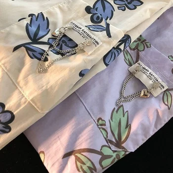 Marškinėliai Moterims Gėlių Spausdinti Prarasti Kišenės Grandinės Porų Harajuku Mados Atsitiktinis Elegantiškas Palaidinės Prašmatnus Ulzzang Ponios Streetwear