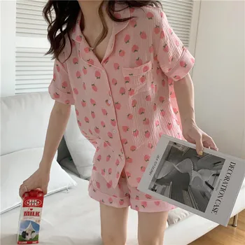 Medvilnės braškių pižama nustatyti vasaros sleepwear moterys 2 dalių komplektas namų drabužius trumpomis rankovėmis palaidinė, šortai loungwear nustatyti Y597