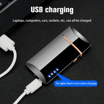Metalo USB Elektros Lengvesni Vėjo LED Maitinimo Ekranas Touch Gaisro Plazmos Dual Lanko Įkraunamą Žiebtuvėlį, Rūkymo Reikmenys