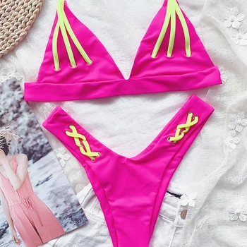 Mossha Neon pink apynasrio maudymosi kostiumėlį moteris Trikampis micro bikini Seksualus kratinys maudymosi kostiumėliai, Aukštos sumažinti maudymosi kostiumą, Backless paplūdimio drabužiai