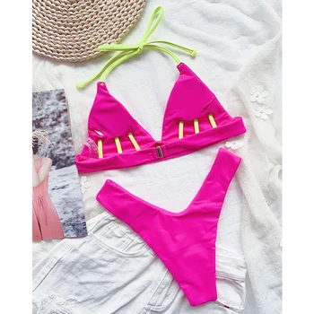 Mossha Neon pink apynasrio maudymosi kostiumėlį moteris Trikampis micro bikini Seksualus kratinys maudymosi kostiumėliai, Aukštos sumažinti maudymosi kostiumą, Backless paplūdimio drabužiai
