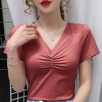 Moteriški Marškinėliai Kieto Pagrindinių Shirring Raukšlėtis Atsitiktinis Viršūnes Moterų V-Kaklo Plonas Plonas Liesas Mados Korėjos Vasaros Nauja, T-Shirt Femme