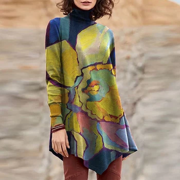 Moterų Atsitiktinis Golfo Nereguliarus Palaidinė Marškinėliai 2021 Elegantiškas Retro Išspausdintas Ilgas Megztinis Viršuje Streetwear Plius Dydis Prarasti Blusa 5XL