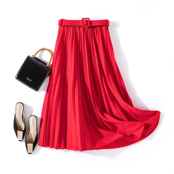 Moterų derliaus elegantiškas midi sijonas su diržu Vasaros 2021 Moterų aukšto juosmens plisuotas sijonas moterų panele Laisvalaikio kelnės moteriška Rudens
