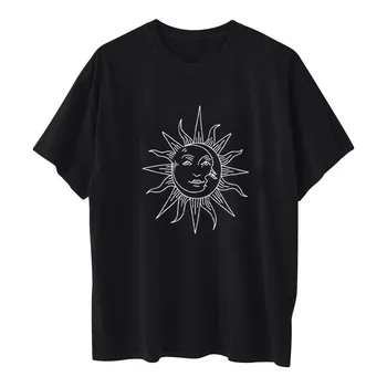 Moterų Derliaus Saulės Ir Mėnulio spausdintą Modelio Atsitiktinis trumpomis Rankovėmis Viršūnes Palaidinė Женские Футболки Mujer Camisetas Ropa De Mujer 2021