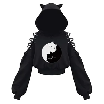 Moterų Kačių Ausų Hoodie Megztinis ilgomis Rankovėmis kryžiaus Gobtuvu Palaidinukė Mielas solid black, Gothic SweatshirtsStreetwear sudaderas