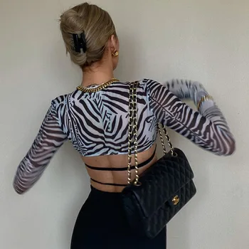 Moterų Mados Zebras Spausdinti Akių Apkarpyti Viršūnes Matyti Per Ilgomis Rankovėmis Apkarpytos Klubas Vasarą Slim Sexy Marškinėliai Tamsiai Akademinės Bendruomenės Streetwear