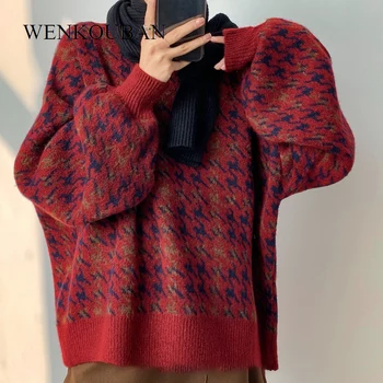 Moterų Megzti Megztinis Žiemą Kratinys Megztinis Moteriška Negabaritinių Elegantiškas Megztinis Moterų Megztinis Vintange Žibintų Rankovės Traukti Femme