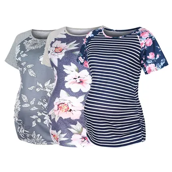 Moterų Motinystės trumpomis Rankovėmis Dryžuotas Gėlių Spausdinti marškinėliai Topai Nėštumo Palaidinė motinystės viršūnės vasarą одежда для беременных