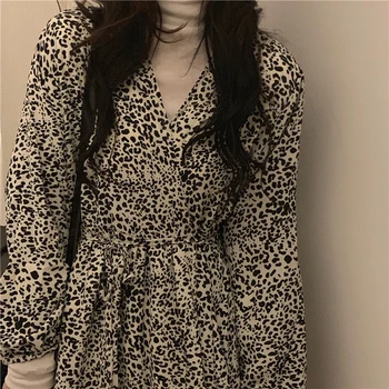 Moterų Pavasario Elegantiškas V Kaklo Leopard Ilgai Apvynioti Tvarsčiu Šifono Suknelė Waistbelt Visą Rankovės Aukšto Juosmens-line