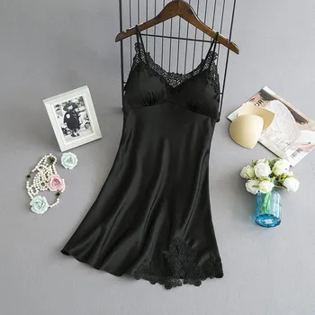 Moterų Seksualus apatinis Trikotažas Vasaros Šilko Naktį Nėrinių Suknelė Kratinys Mini Naktį Suknelė Spageti Dirželis Sleepwear Ponios Krūtinės Mygtukai Homewear