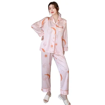 Nauja pora pižama, mėnulio, žvaigždėtas dangus modelio namų drabužius ilgomis rankovėmis pižama moterims