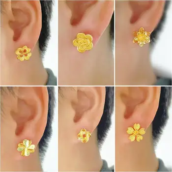 Naujas 24K Aukso Stud Auskarai Moterims, Madingų Dobilų Žiedų Širdies Gryno Aukso Earings Vestuves bižuterijos Didmeninė