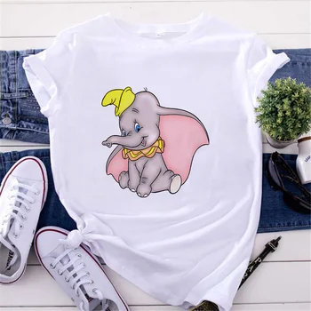 Naujas Mados Dramblys Dumbo Tshirts Grafinis Viršuje Tee Moterų Harajuku Kawaii Marškinėliai Moterims Juokingas Animacinių filmų T-shirt
