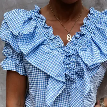 Naujas Moterų Atsitiktinis marškinėliai Pledas Susiėmę Vasaros Sluoksniuotos Rankovėmis V-Kaklo trumpomis Rankovėmis Viršuje, seksui