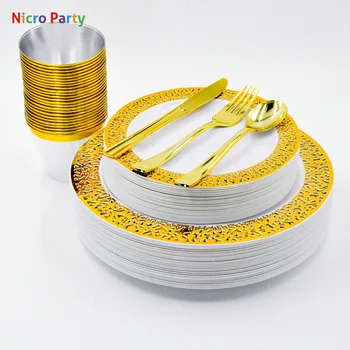 Nicro 150 vnt/set Silver Rose Aukso Puodeliai, Plastiko Plokštės Šakutės Peiliai Šaukštai Vienkartiniai Aišku, Indai Rinkinys