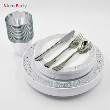 Nicro 150 vnt/set Silver Rose Aukso Puodeliai, Plastiko Plokštės Šakutės Peiliai Šaukštai Vienkartiniai Aišku, Indai Rinkinys