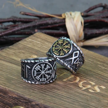 Niekada Išnyks Odin Vairą Baimės Skandinavų Žiedas Aegishjalmur Nerūdijančio Plieno Žiedai, vyriški Viking Amuletas Papuošalai su medinėje dėžutėje kaip dovaną