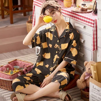 NIGHTWA 2021 m. Vasaros Namų Drabužiai Atvartas Apykaklės Trumpas Rankovės Marškinėliai Moterims Pižama Nustatyti Mielas Animacinių filmų Tenka Print Plus Size Sleepwear