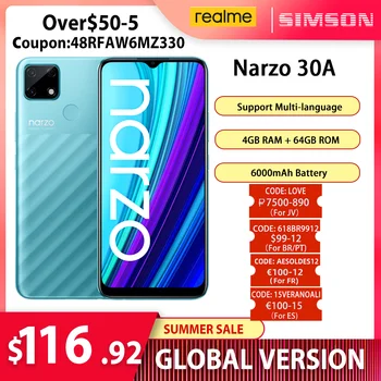 Pasaulinė Versija realme Narzo 30A Išmanųjį telefoną 4GB 64GB Gel G85 6.5 Colių Fullscreen 13MP AI Dual Camera 6000mAh 18W Greitai Įkrauti