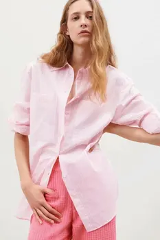 Pavasarį, vasarą laisvi pink stripe marškinėliai derliaus plius dydis hming stiliaus za moterų 2021 sheining vadiming palaidinė marškinėliai LKD2173