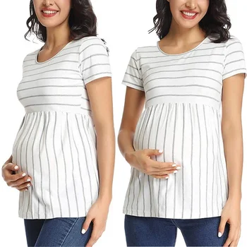 Plius Dydis S-2XL Moterų Motinystės Side Ruched marškinėliai Dryžuotas Viršūnes Mama Nėštumo Drabužius trumpomis Rankovėmis Camiseta Premama