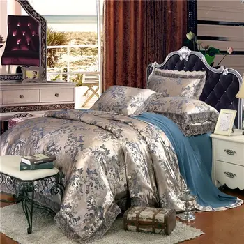 Prabangus satino žakardo patalynės komplektas queen/king size lova nustatyti auksas, sidabras spalva 4pcs medvilnės, šilko, nėrinių antklode padengti nustato drobulė rinkinys