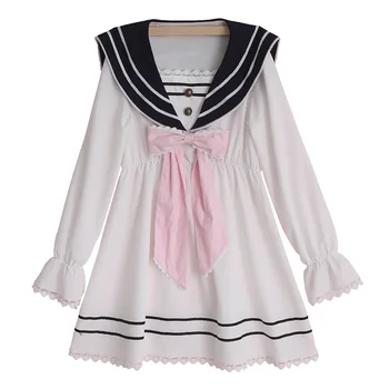 Preppy stilius Japonijos Moterų Lolita Bowknot Šifono ilgomis Rankovėmis Suknelė JK Vienodas Sailor Suknelės Mergaičių Šalis Princesė Nėrinių Suknelė