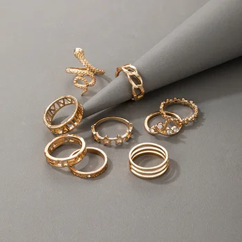 Retro Nacionalinės Stiliaus Žiedas Nustatyti Populiarus Perdėti Gyvatės Formos Penkių Smailių Star Žiedas 9 Vienetų Rinkinys, Moterų Papuošalai