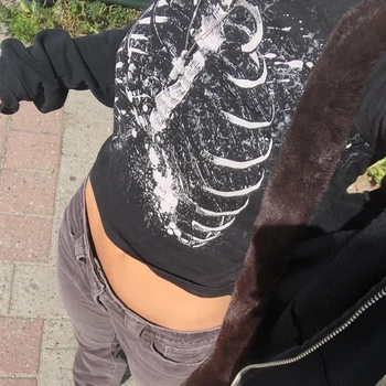 Rockmore Gotikos Grafinis Spausdinti trumpomis Rankovėmis T-Shirt Vasarą Moterys Pasėlių Viršuje Y2K Harajuku Punk Tamsiai 90-ŲJŲ Derliaus Slim Tee Streetwear