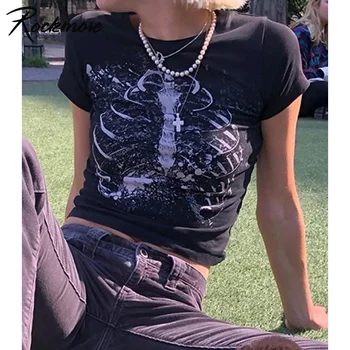 Rockmore Gotikos Grafinis Spausdinti trumpomis Rankovėmis T-Shirt Vasarą Moterys Pasėlių Viršuje Y2K Harajuku Punk Tamsiai 90-ŲJŲ Derliaus Slim Tee Streetwear