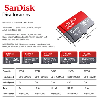 SanDisk A1 Atminties Kortele 128 GB 64GB 32GB 16GB 98MB/S 16 32 64 128 Micro sd kortelės Class10 UHS-1 