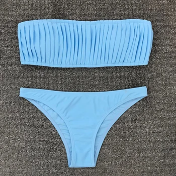 Seksualus Mėlynos spalvos Klostuotas maudymosi Kostiumėliai, Moterų Bandeau maudymosi kostiumėlį, 2021 M. Vasarą-Dviejų dalių kostiumėlį Vasaros Moterims, Maudymosi Kostiumą, Bikini Rinkiniai