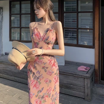 Seksualus V-kaklo Šifono Dirželis Suknelė Moterims korėjos Slim Gėlių Derliaus Midi Suknelė 2021 M. Vasaros Atsitiktinis Beach Party vientisas Suknelė Y2k
