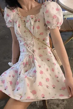 Spausdinti Gėlių Sluoksniuotos Rankovėmis Suknelė Drabužius Mini Trumpas Rose Vestido Korėjos Stiliaus Moteris Vestidos Atsitiktinis 2020 Tvarstis Elegantiška Suknelė