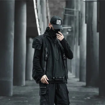 Techwear Streetwear Hip-Hop Hoodie Vest Vyrų Juoda Prarasti Negabaritinių Sporto Harajuku Japonijos Punk Multi Kišenės Atsitiktinis Taktinė Liemenė