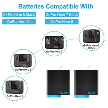 TELESIN 2 Baterijos, + 3 Slots Baterijos Įkrovimo Box 2 in 1 Tipas-C USB Kabelis GoPro Hero 8 7 6 5 Juoda Fotoaparato Priedai